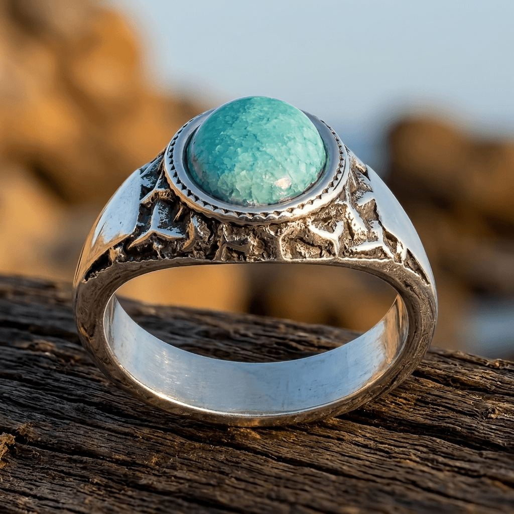 Turquoise Tiger Eye Stainless Steel Wide Band Ring