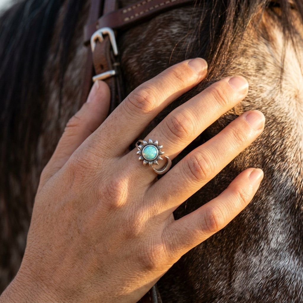 Celestial Silver Blue Opal Sun Moon Ring