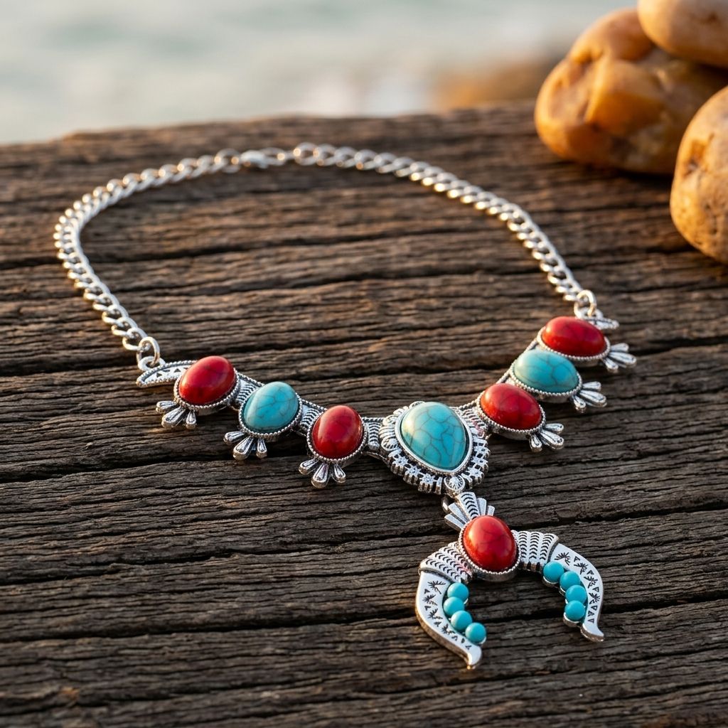 Boho Silver Turquoise Red Squash Necklace