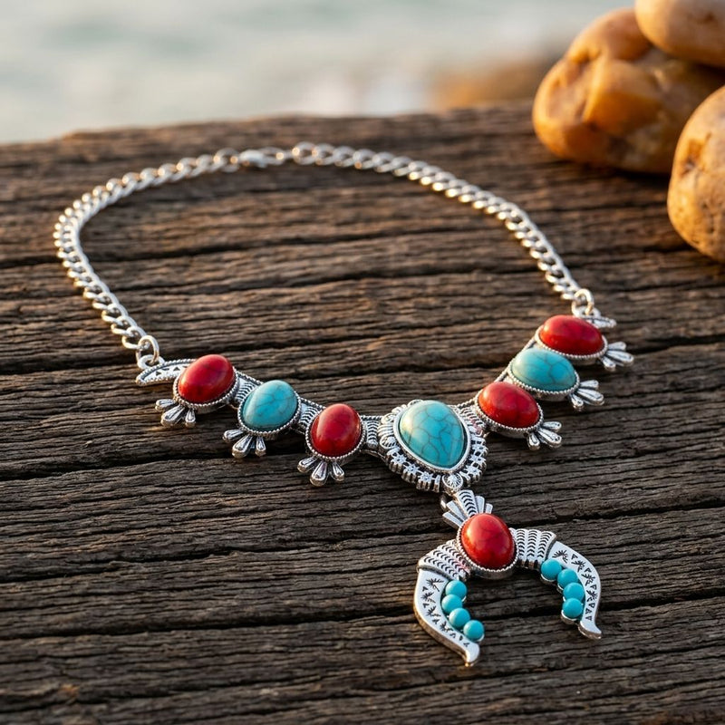 Boho Silver Turquoise Red Squash Necklace
