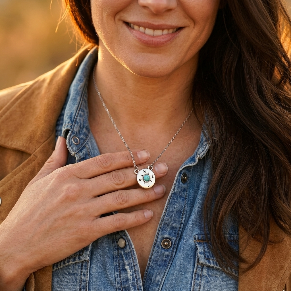 Compass Turquoise Silver Pendant Necklace
