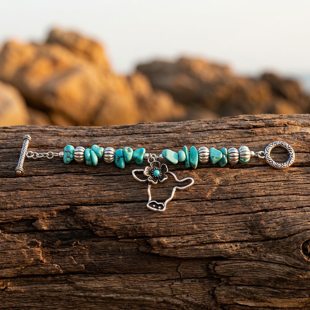 Boho Silver Turquoise Cow Charm Bracelet