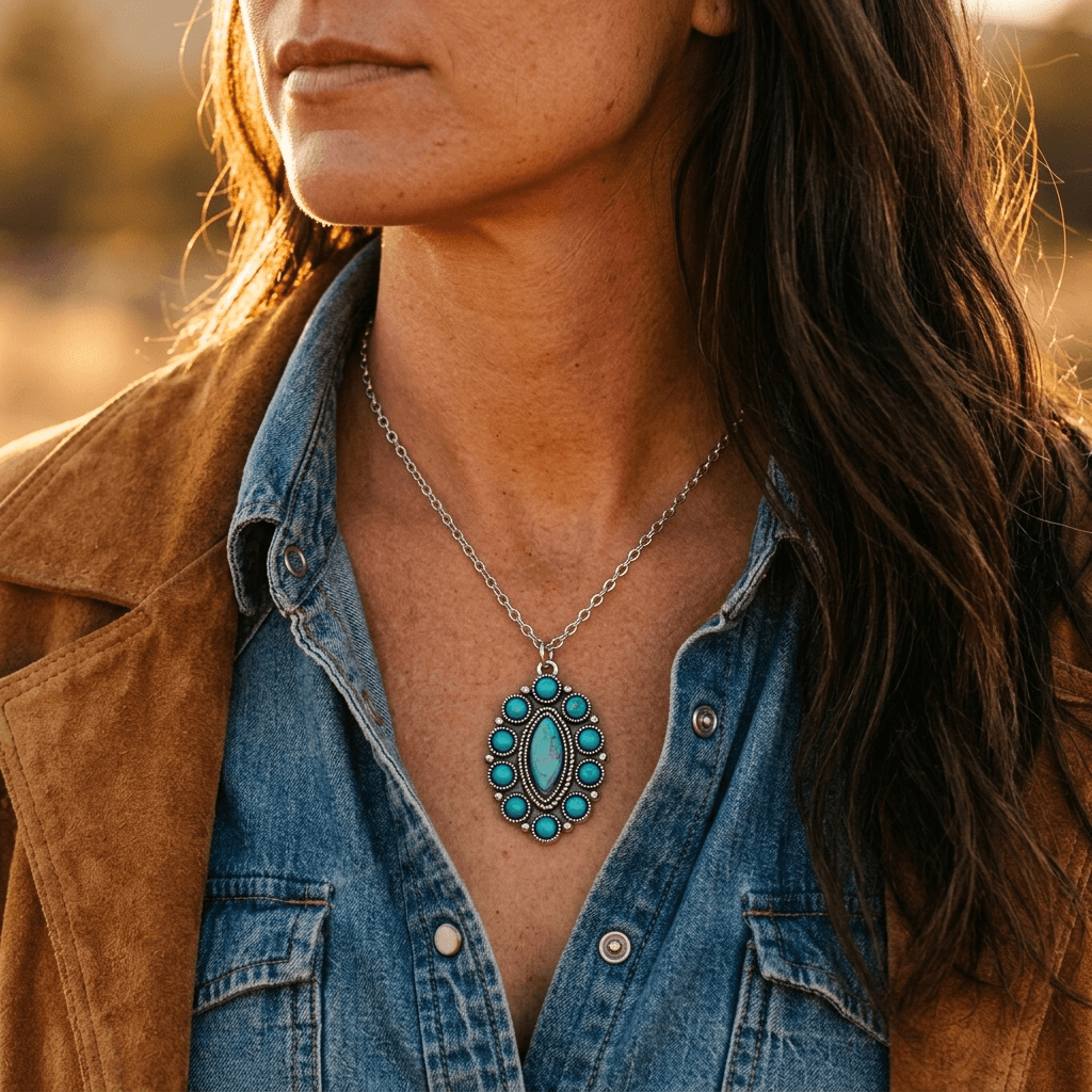 Turquoise Cluster Silver Pendant Necklace