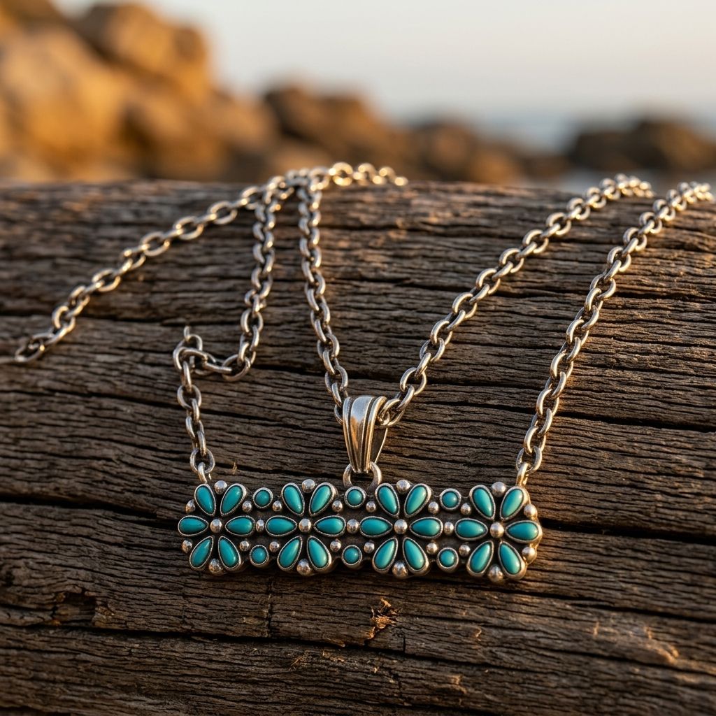 Boho Silver Turquoise Flower Inlay Necklace