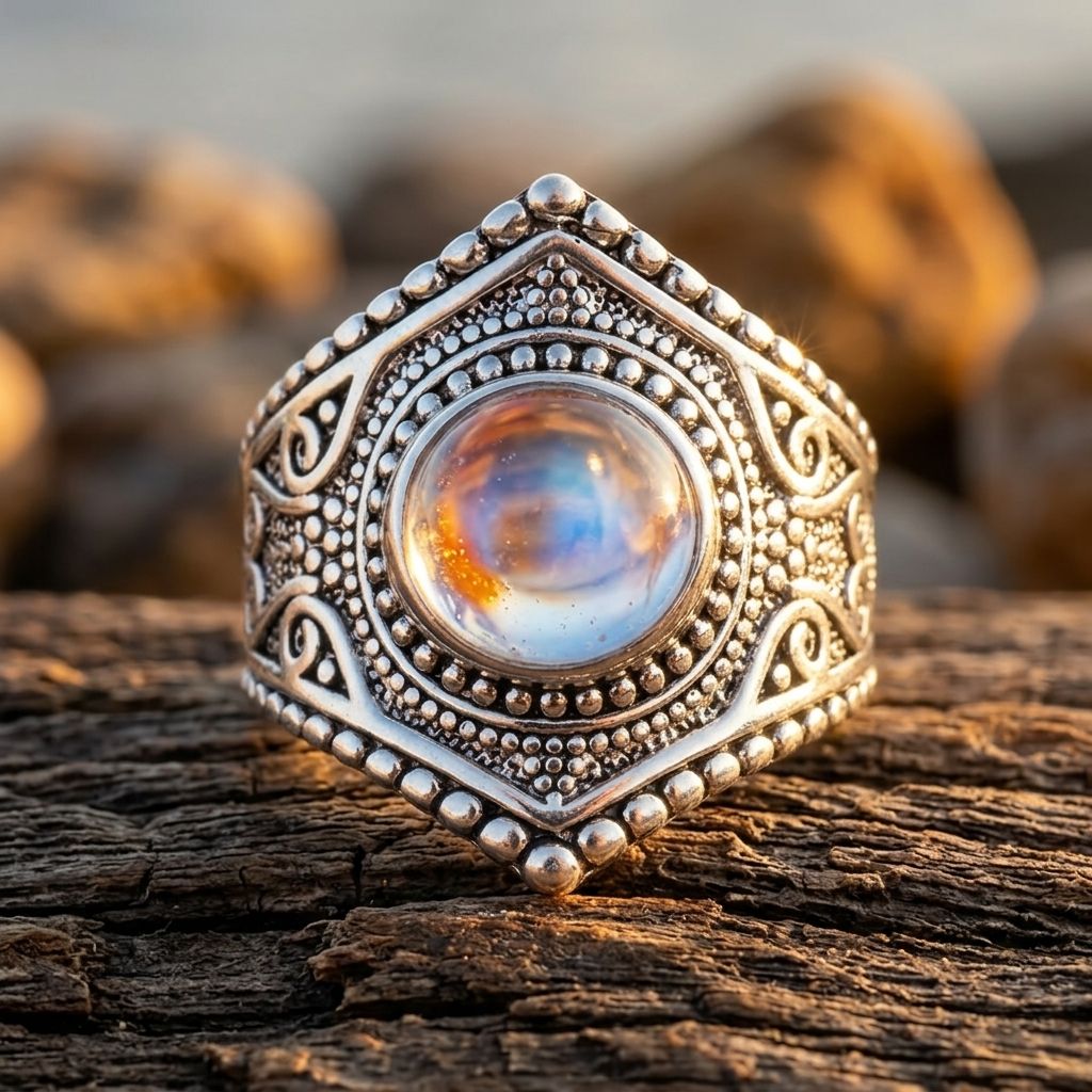 Boho Silver Filigree Moonstone Round Ring