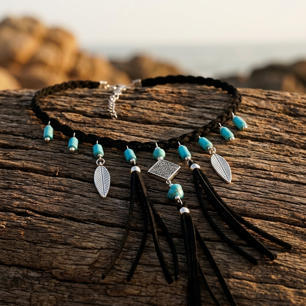 Boho Turquoise Beads Silver Leaf Tassel Necklace