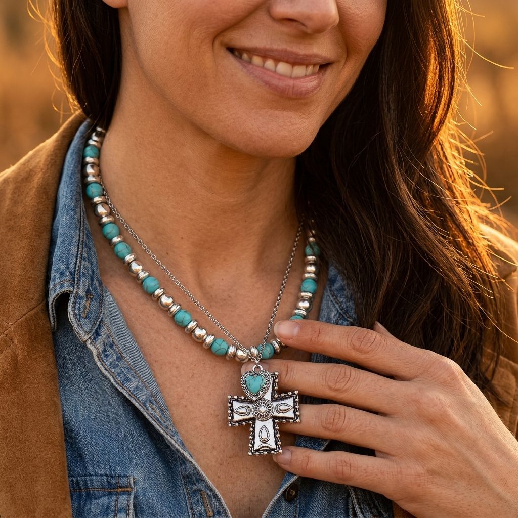 Boho Silver Turquoise Filigree Cross Necklace