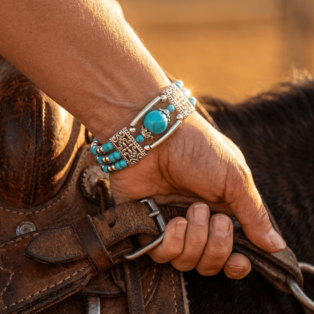 Turquoise Beaded Silver Ornate Bracelet