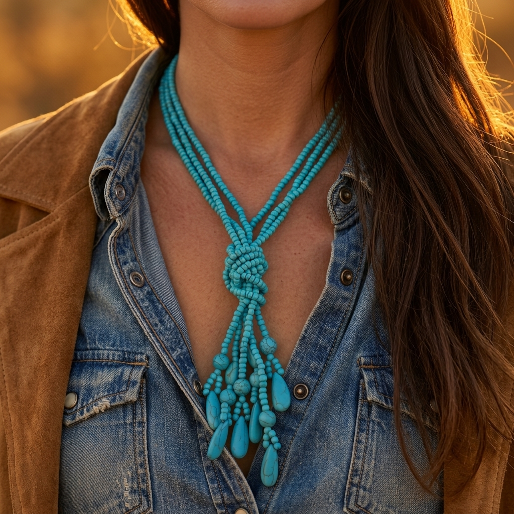 Bohemian Turquoise Beaded Tassel Necklace