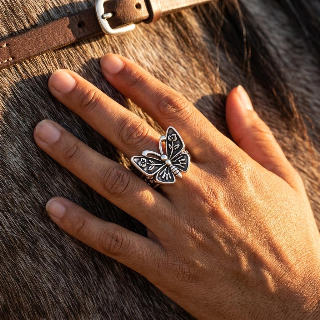 Vintage Silver Filigree Butterfly Flower Ring