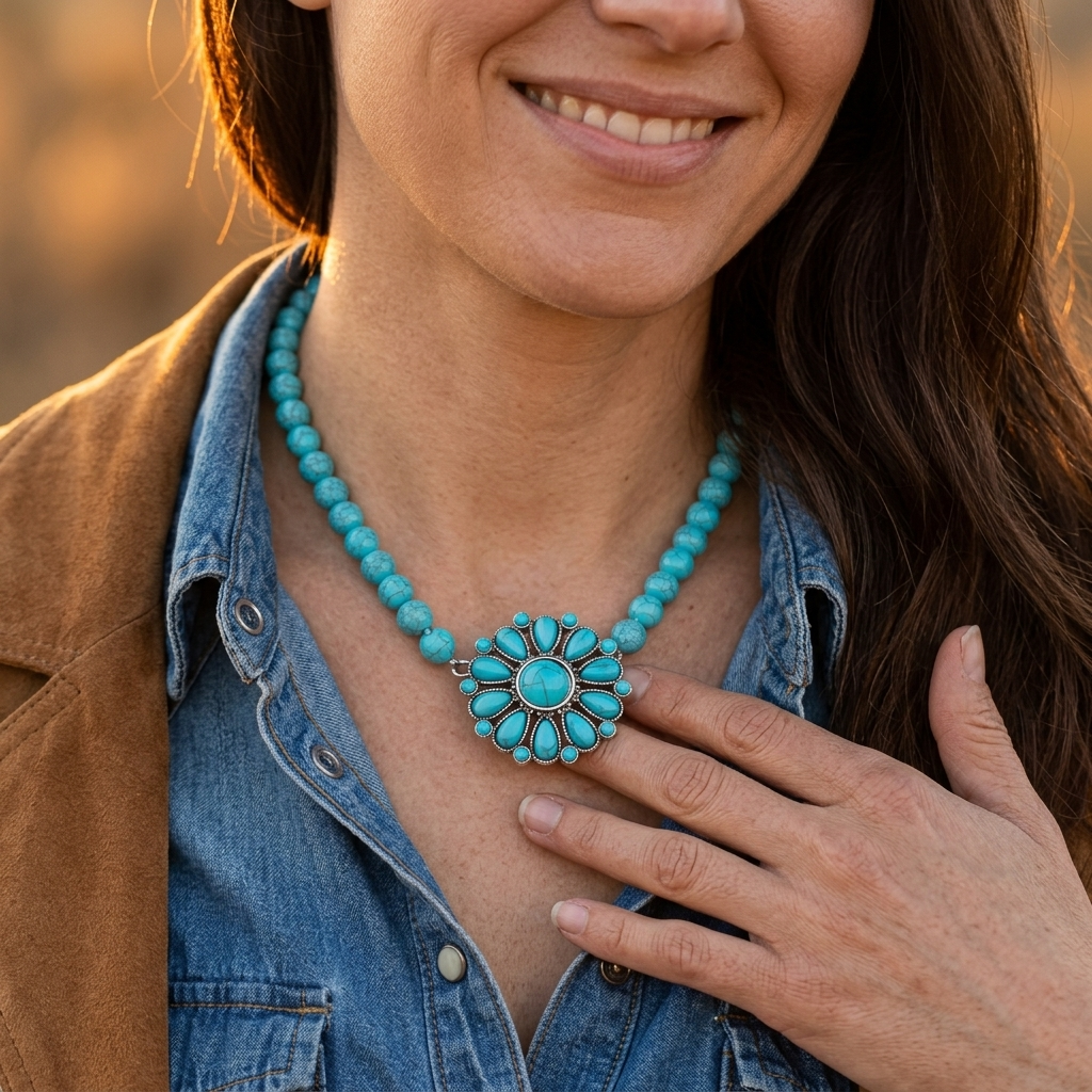 Turquoise Silver Flower Beaded Pendant Necklace
