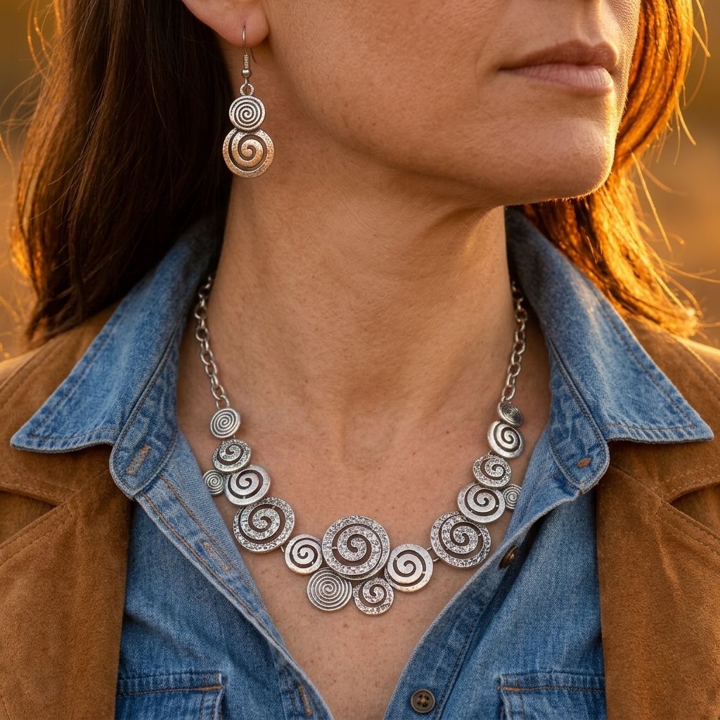 Vintage Silver Distressed Turquoise Necklace Earrings Set