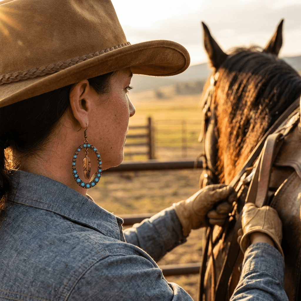 Western Turquoise Feather Dangle Earrings