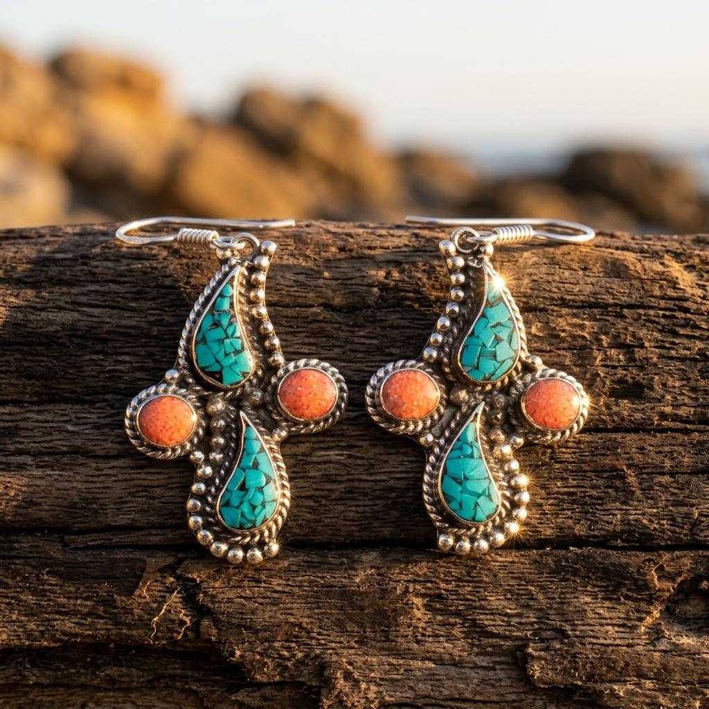 Boho Silver Turquoise Coral Teardrop Earrings