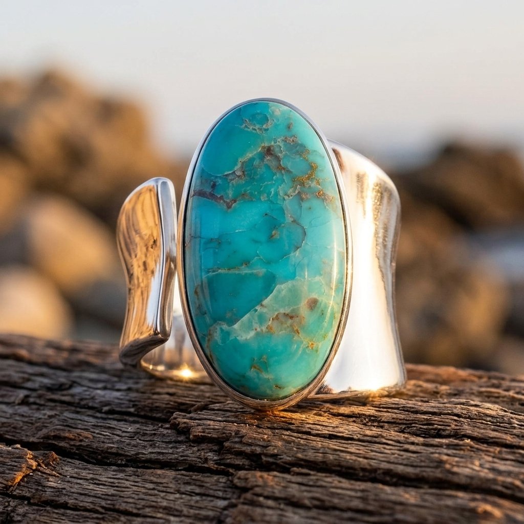 Boho Silver Turquoise Oval Band Ring