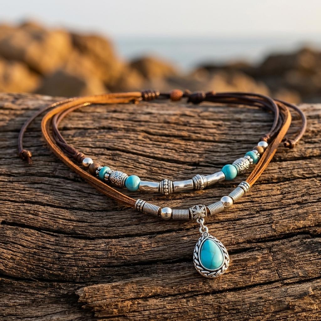 Boho Silver Turquoise Teardrop Pendant Necklace