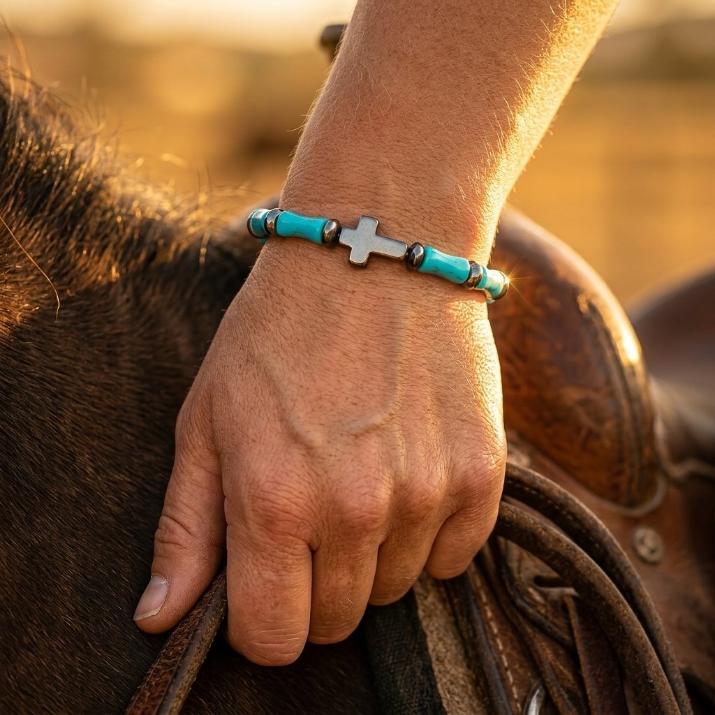 Turquoise Cross Cylinder Bead Bracelet