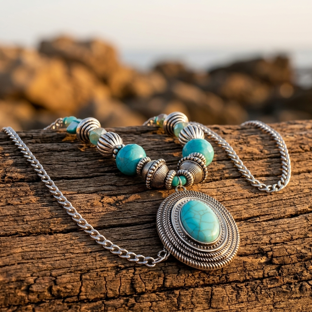 Bohemian Turquoise Oval Pendant Silver Necklace