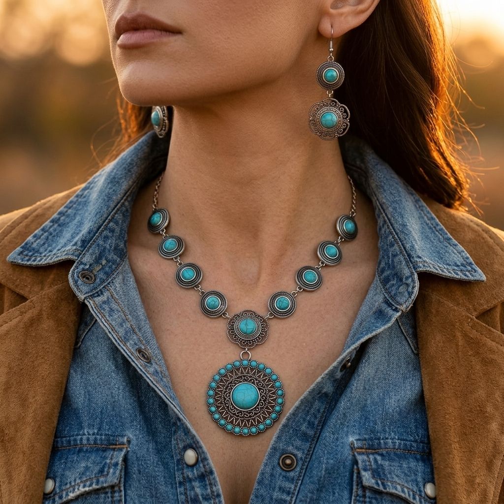 Boho Silver Turquoise Vintage Necklace Earrings Set