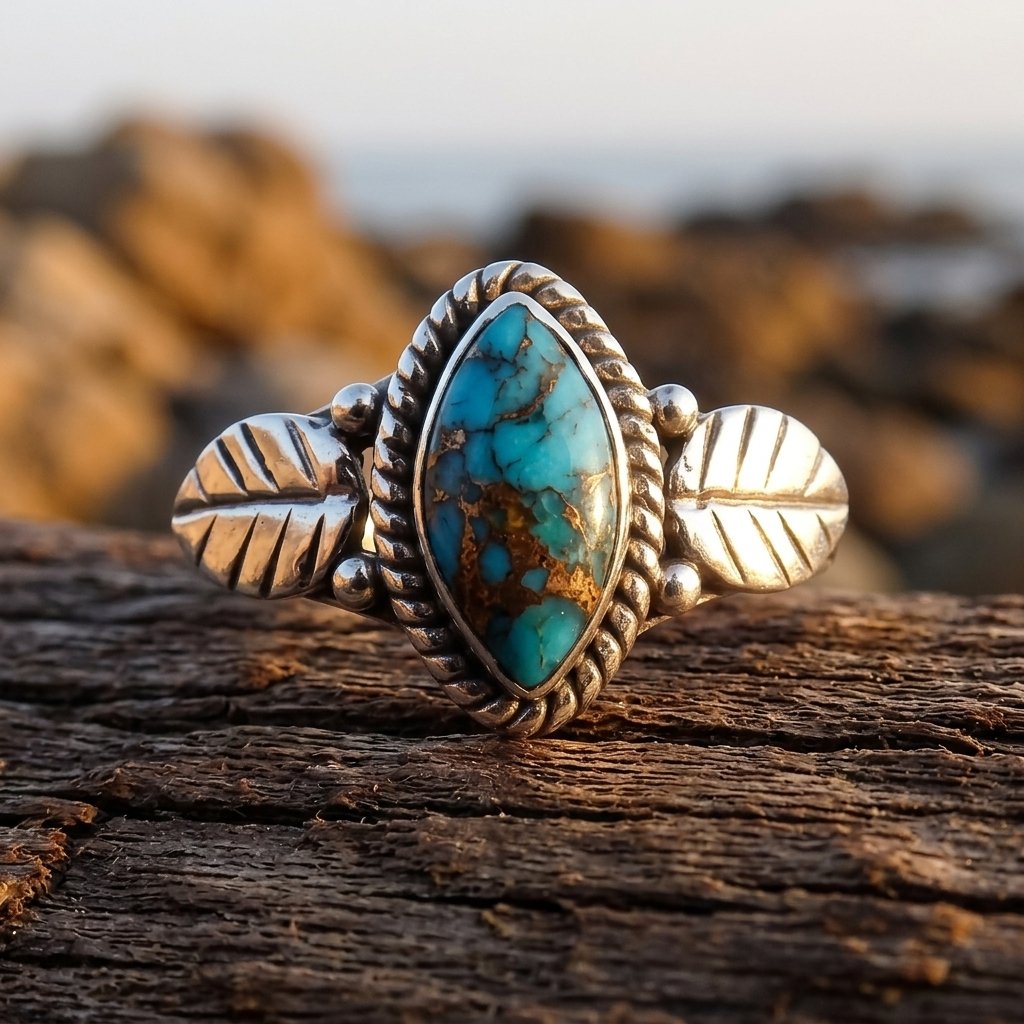 Boho Silver Turquoise Leaf Ring