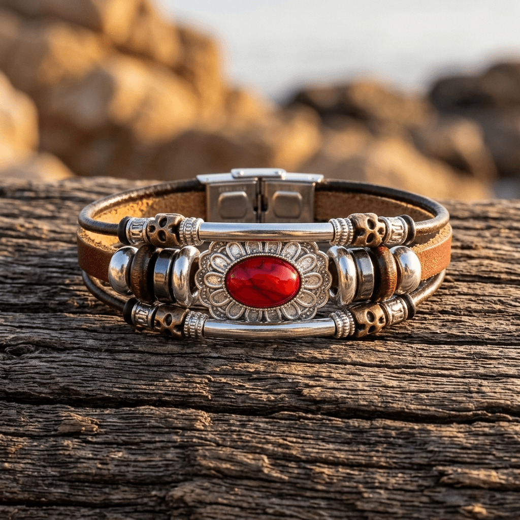 Ethnic Style Red Stone Leather Beaded Bracelet