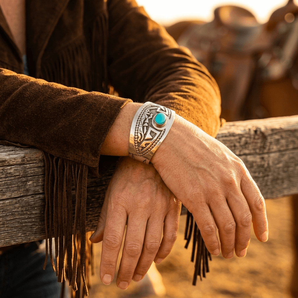 Western Turquoise Openwork Wide Metal Bracelet