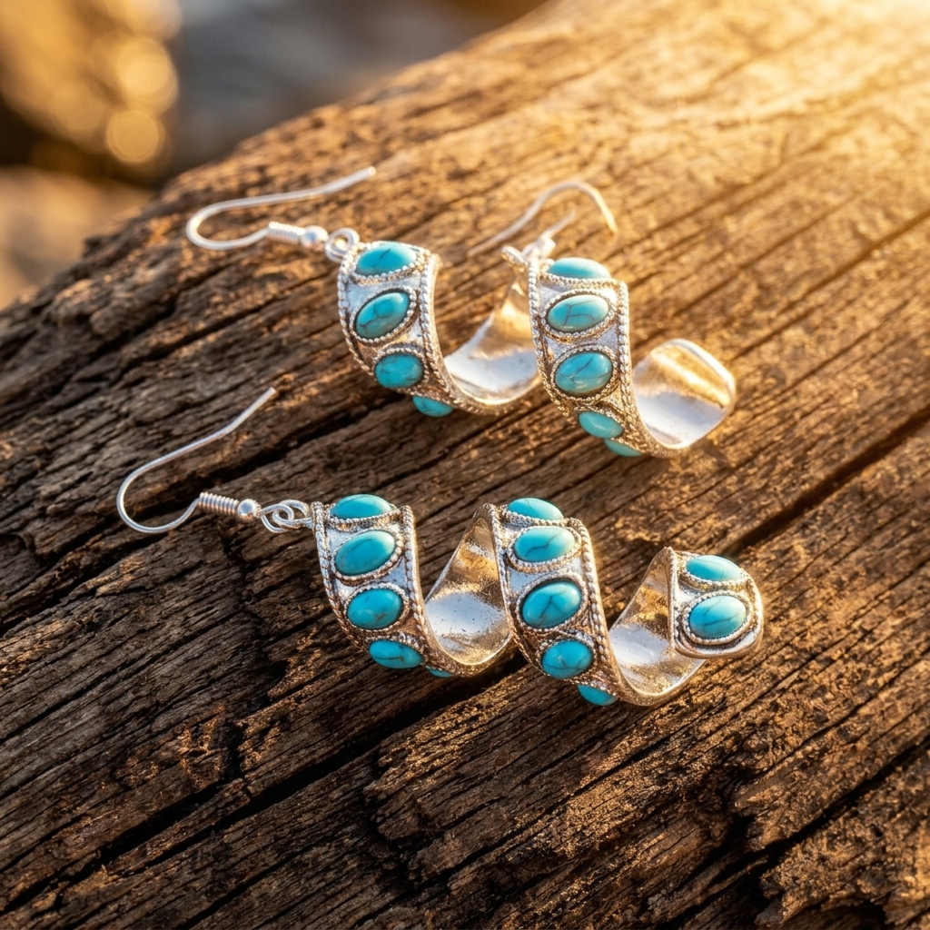 Western Turquoise Silver Spiral Drop Earrings