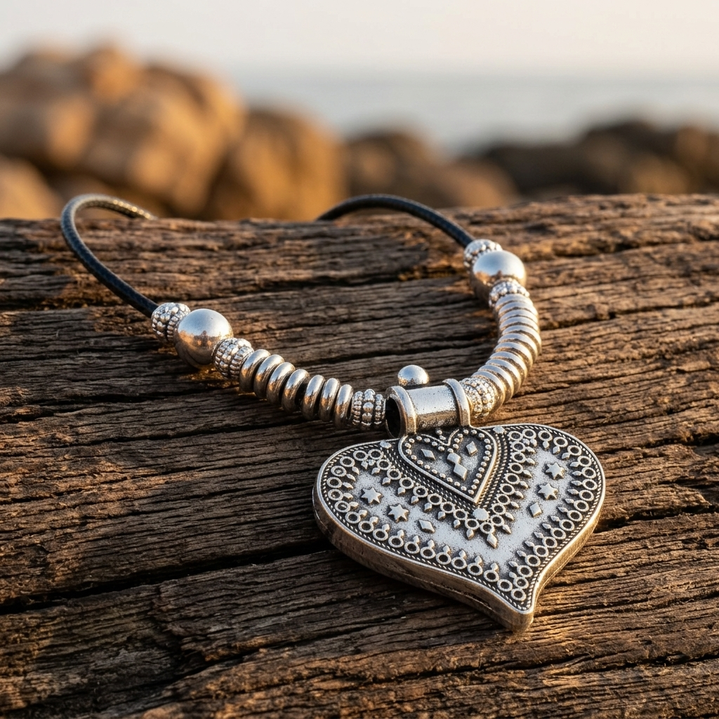 Bohemian Silver Embossed Heart Pendant Necklace