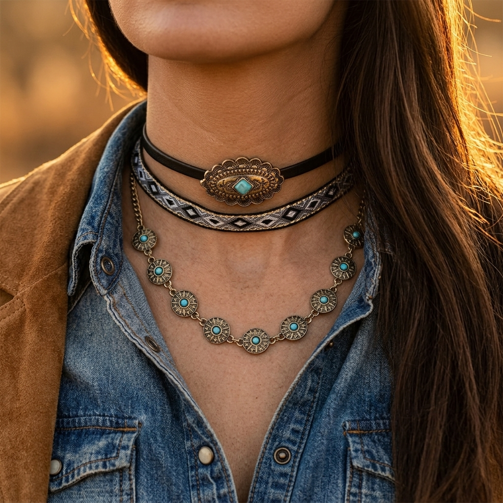 Vintage Bronze Turquoise Choker Necklace Set
