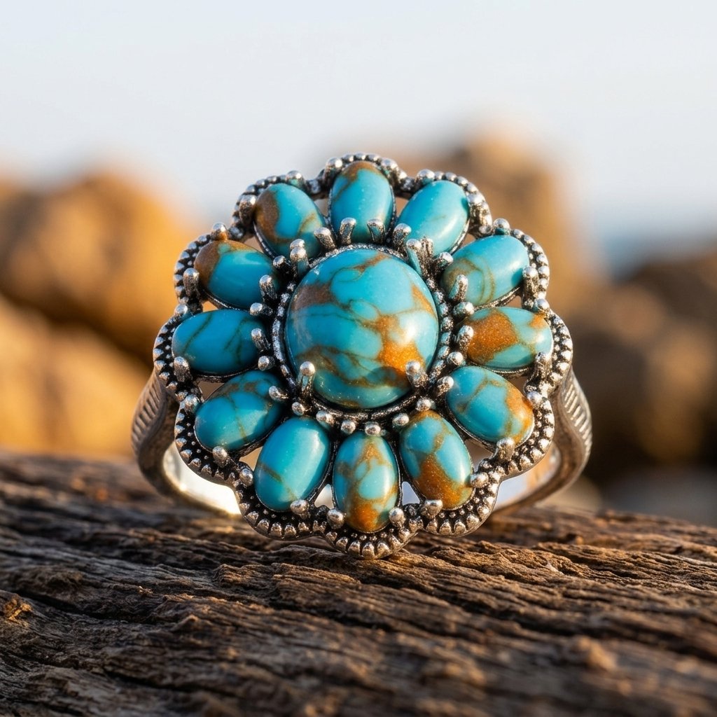 Boho Silver Turquoise Cluster Flower Ring