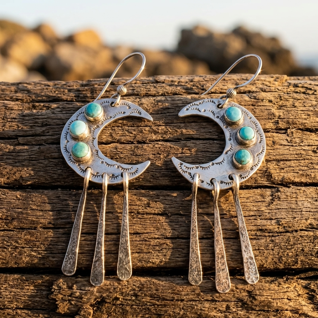Bohemian Silver Moon Turquoise Tassel Earrings