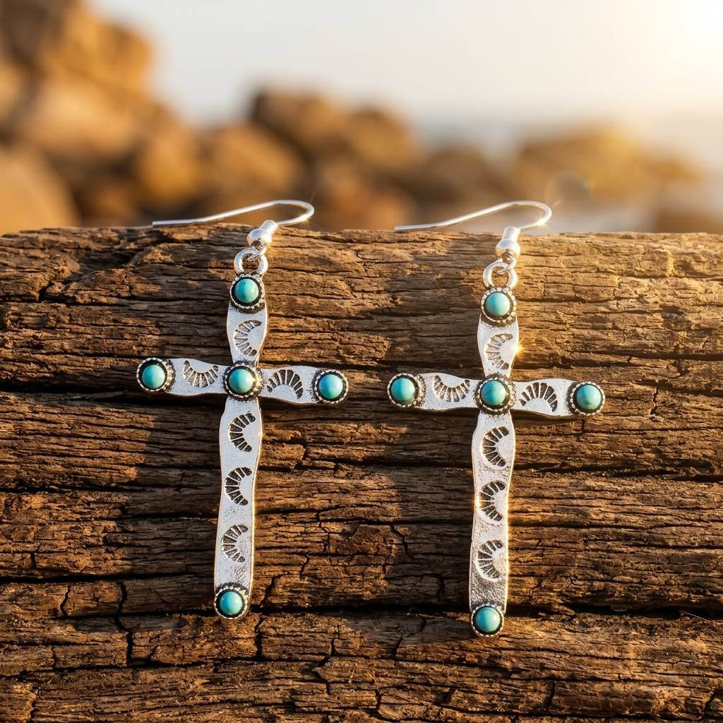 Western Silver Turquoise Filigree Cross Earrings