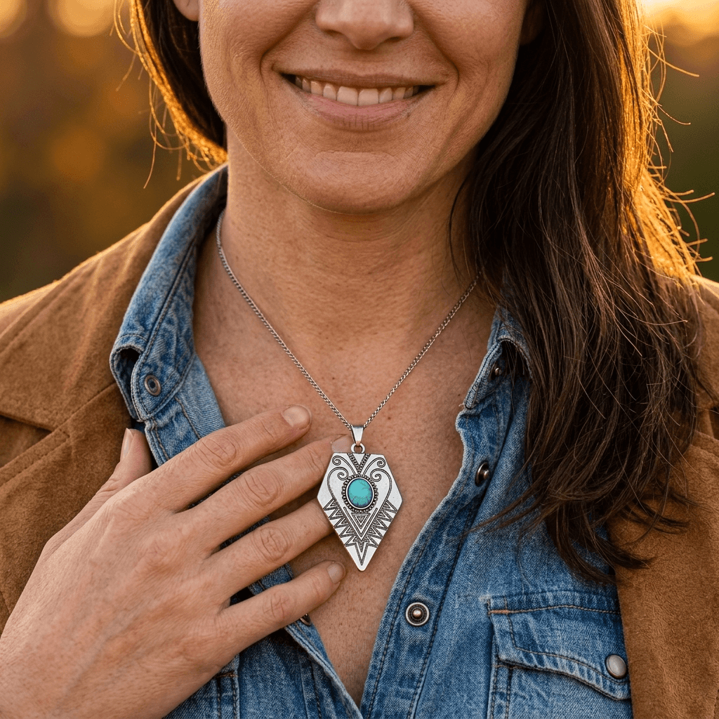 Bohemian Silver Geometric Turquoise Pendant Necklace