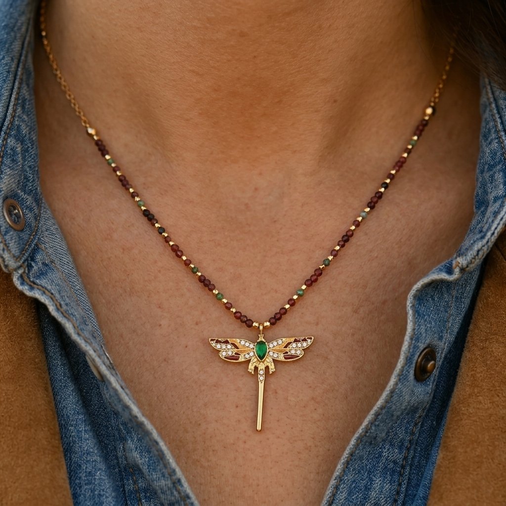 Bohemian Gold Tourmaline Dragonfly Pendant Necklace