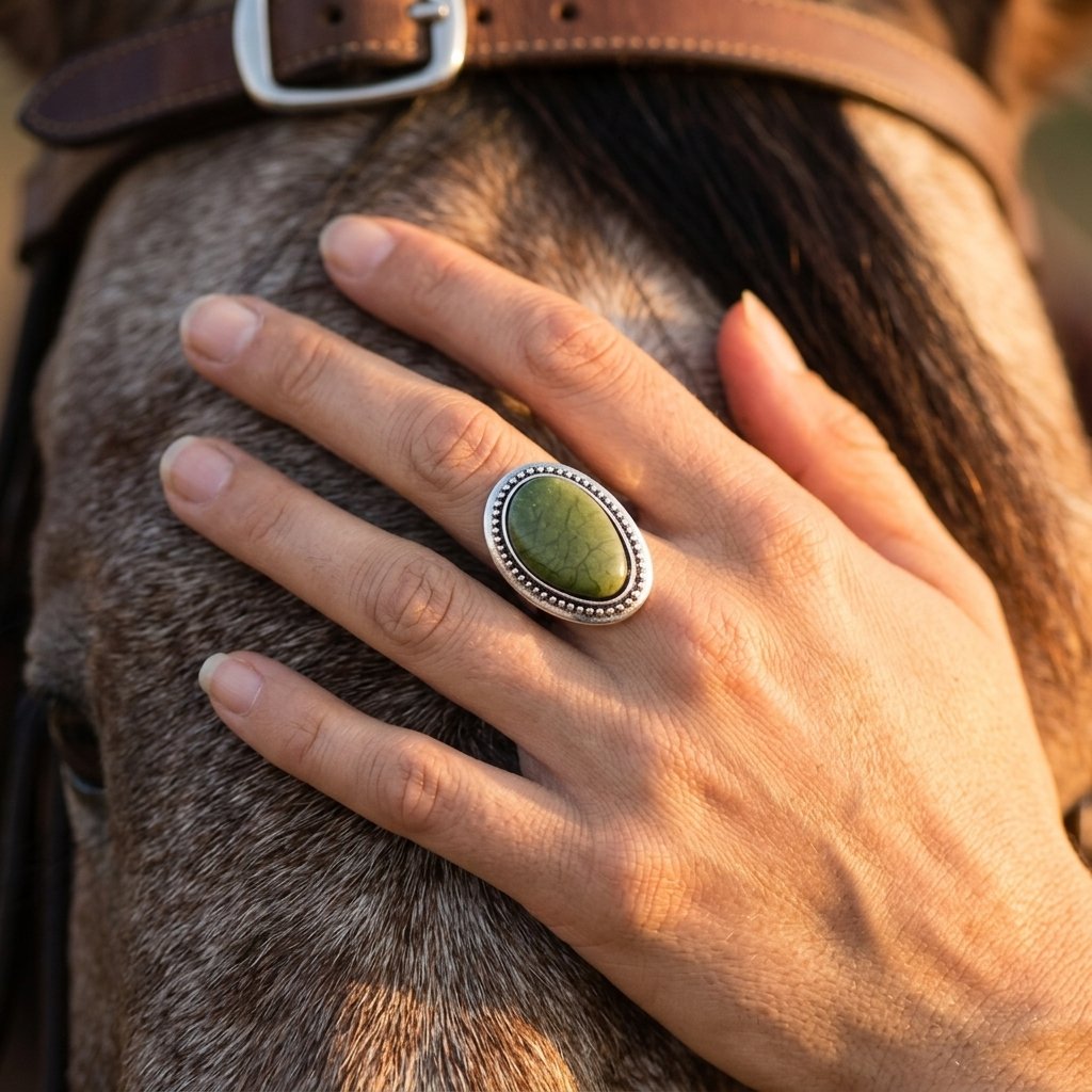 Vintage Silver Green Resin Oval Ring