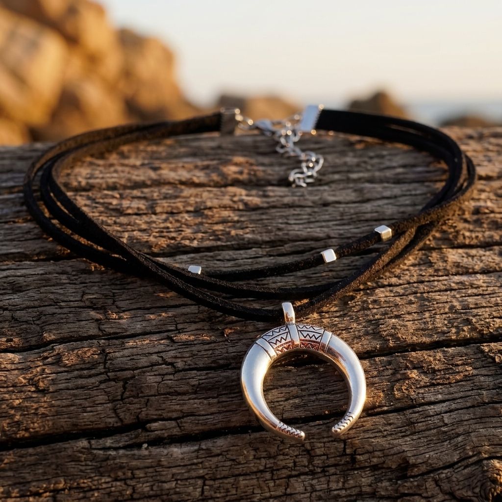Vintage Silver Crescent Horn Inlay Necklace
