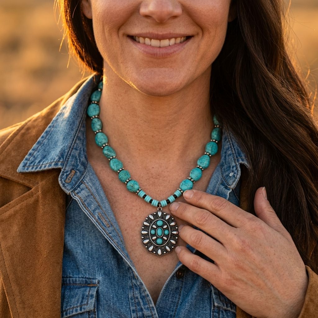 Western Silver Turquoise Carved Jewelry Set
