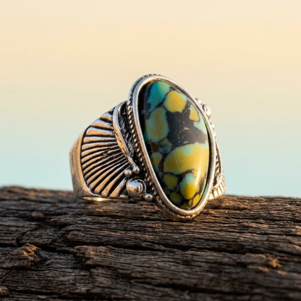 Vintage Silver Turquoise Yellow Inlay Ring