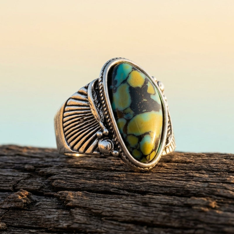 Vintage Silver Turquoise Yellow Inlay Ring