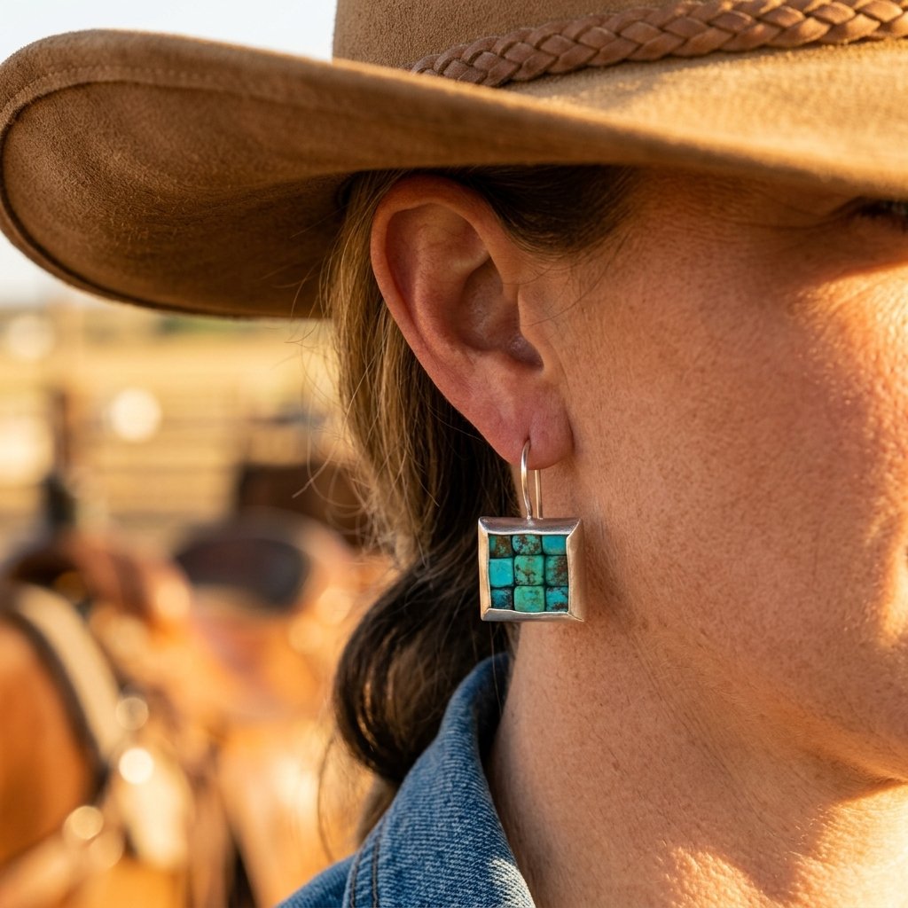 Vintage Silver Turquoise Inlay Square Earrings