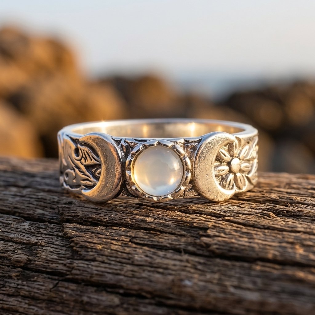 Boho Silver Moon Phase Moonstone Ring
