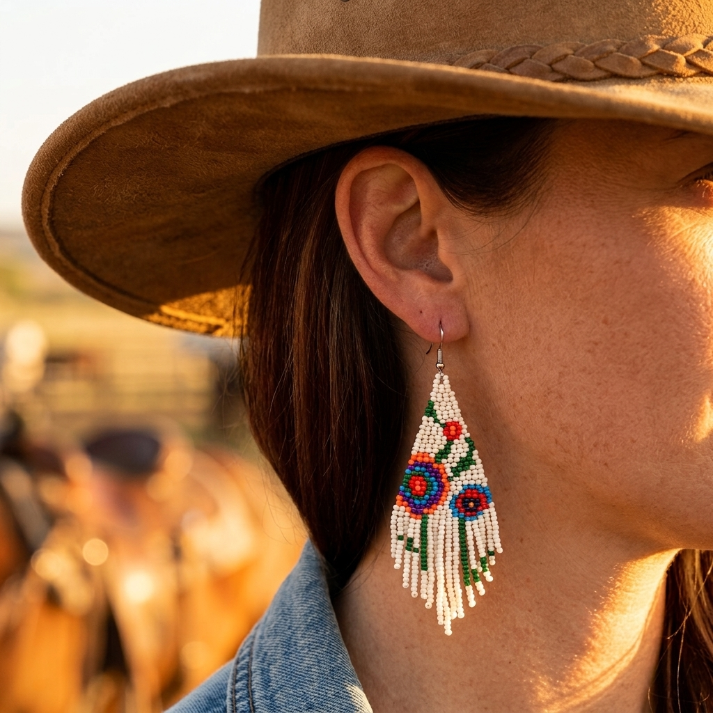 Bohemian Beaded Floral Triangle Fringe Earrings