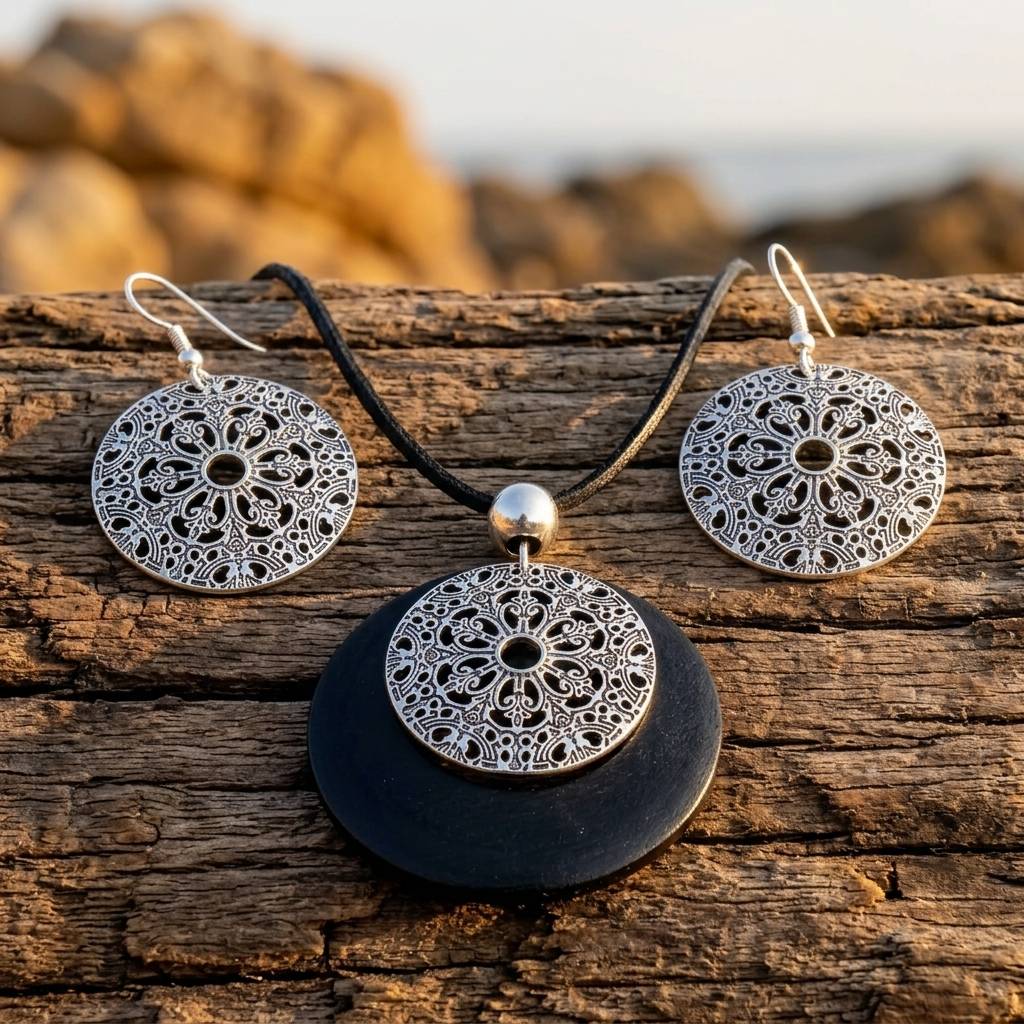 Boho Silver Turquoise Pattern Necklace Earrings Set