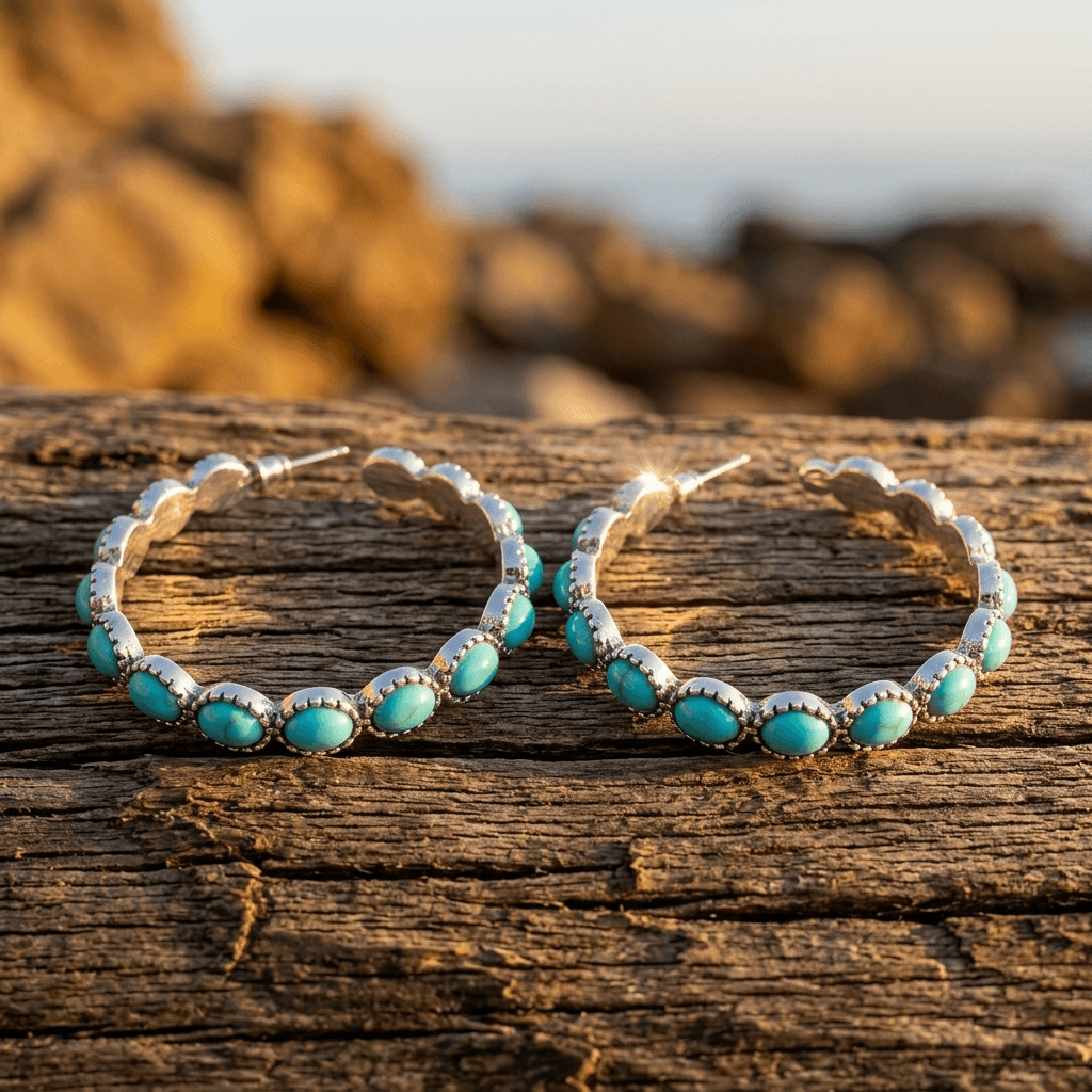 Turquoise Gold Crown Hoop Earrings
