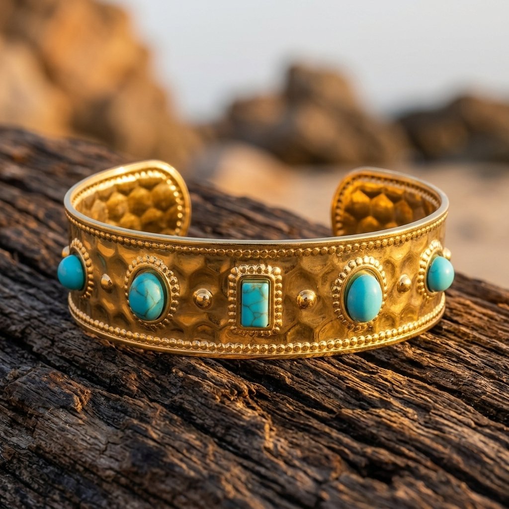 Vintage Gold Turquoise Hammered Cuff Bracelet