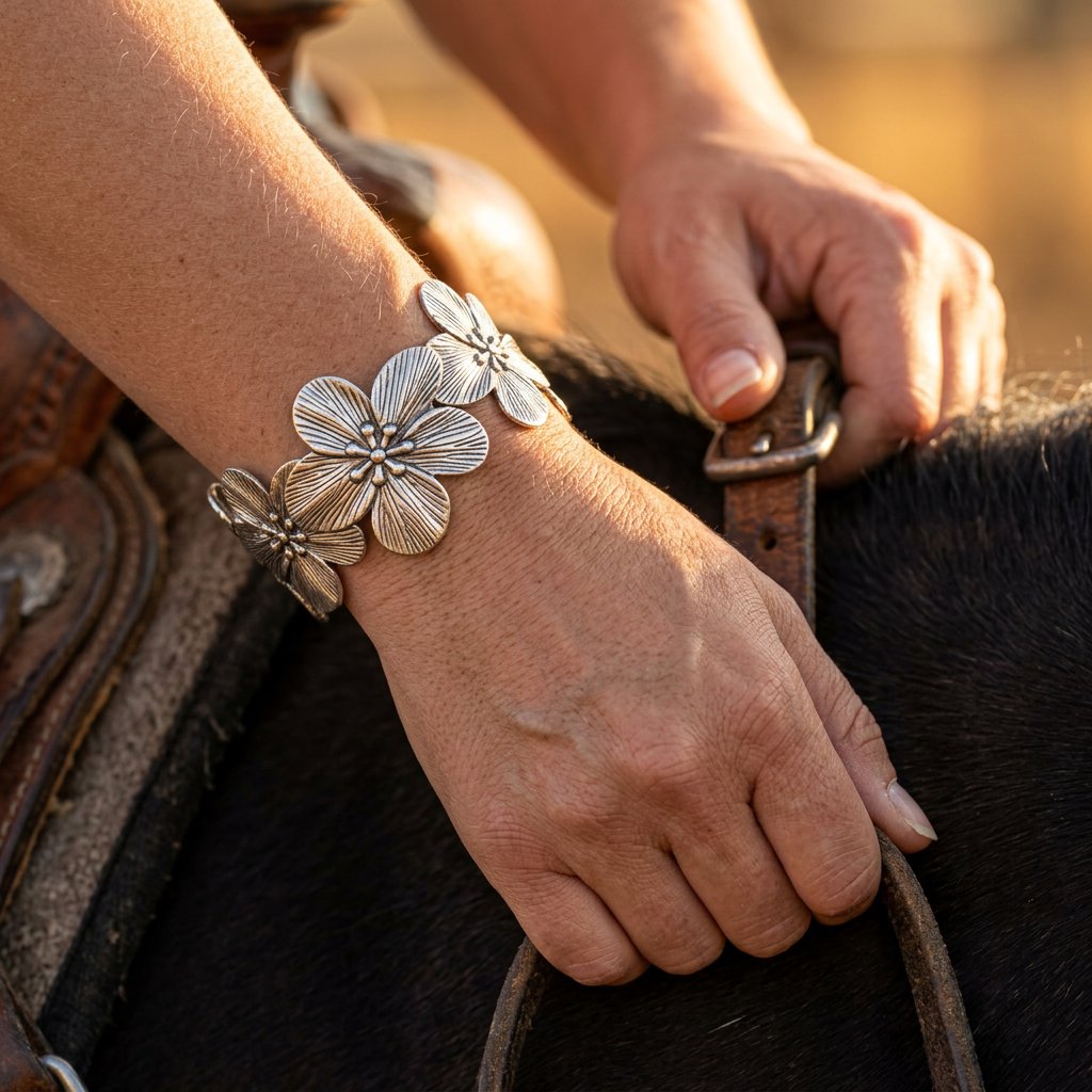 Boho Oxidized Silver Textured Flower Bracelet