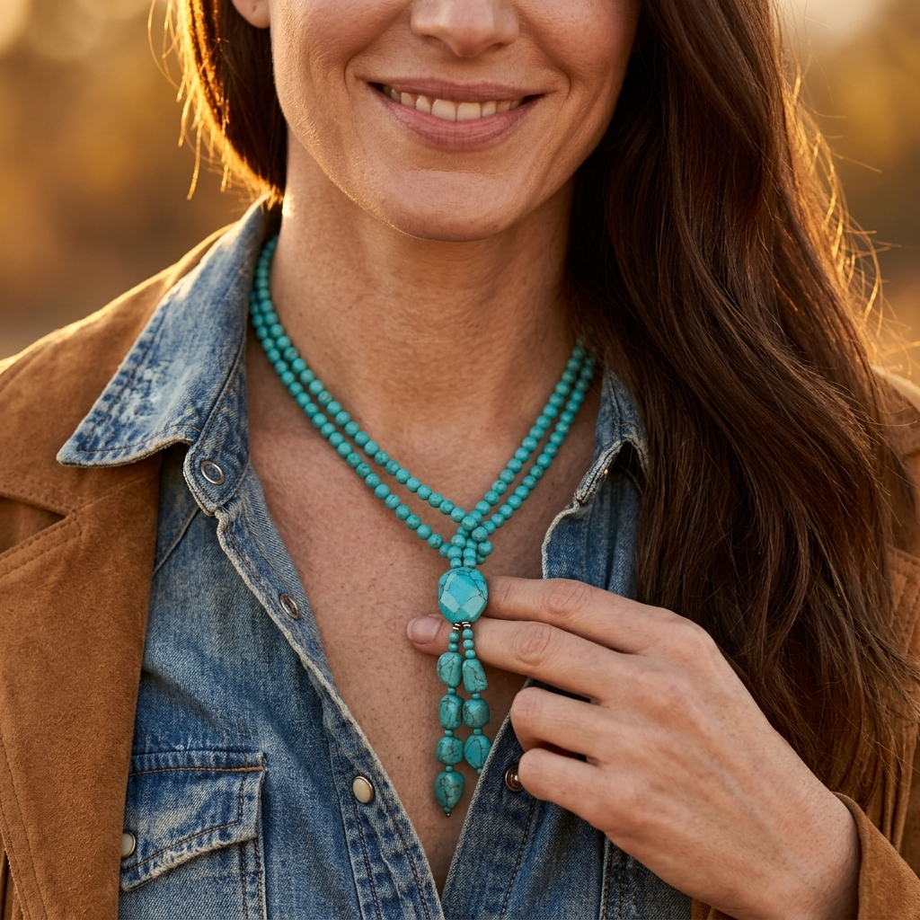 Boho Turquoise Bead Layered Long Necklace