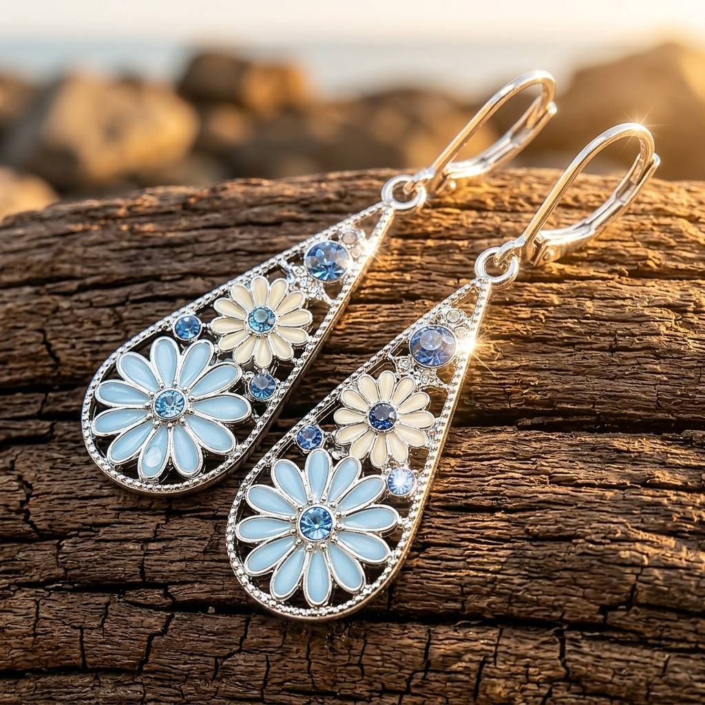 Boho Silver Filigree Flower Teardrop Earrings