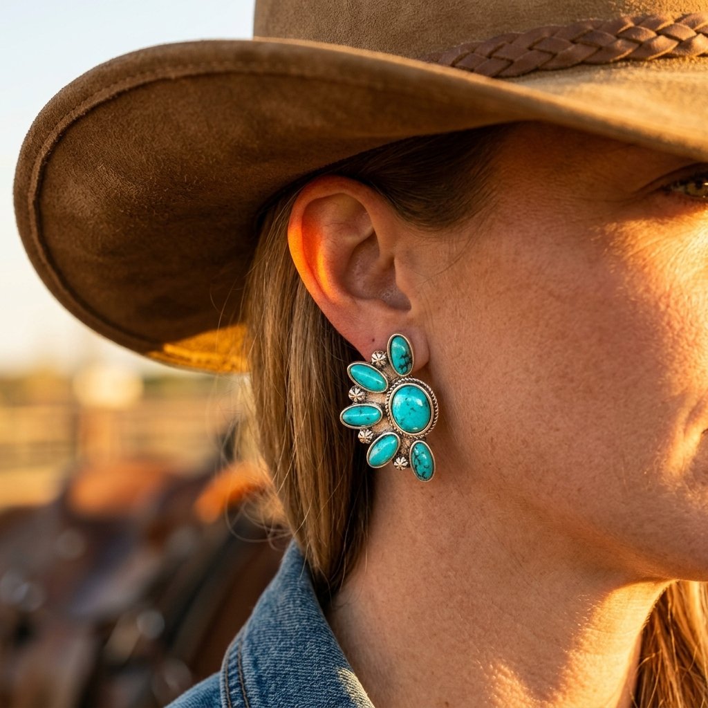 Boho Silver Turquoise Oval Earrings