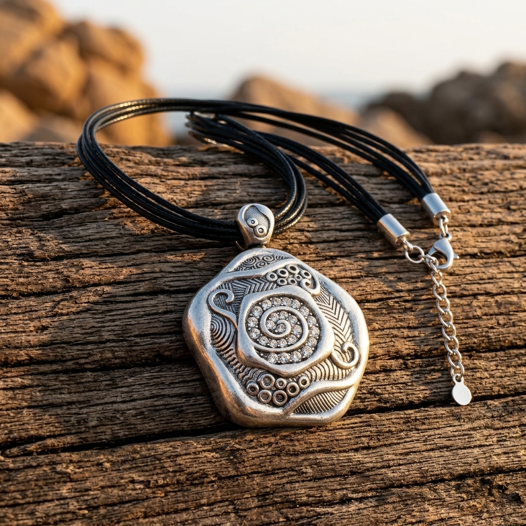 Bohemian Silver Spiral Pendant Cord Necklace